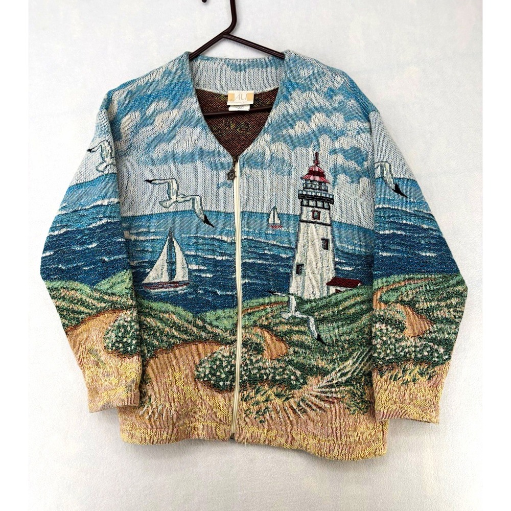 AU Art Unlimited Sportswear Full Zip V-Neck Knit Nautical Cardigan Sweater L